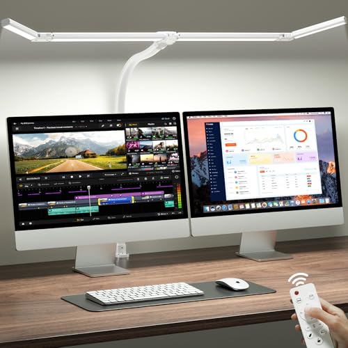 ONEMIX 42" LED Desk Lamp with Clamp, Architect Desk Light with Remote, Adjustable 4-Segment Bar, 1800LM Bright, Eye-Caring Desk Lamp for Home Office, Reading, Study, Dual Monitors, Workbench (White) - color: White