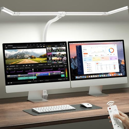ONEMIX 42" LED Desk Lamp with Clamp, Architect Desk Light with Remote, Adjustable 4-Segment Bar, 1800LM Bright, Eye-Caring Desk Lamp for Home Office, Reading, Study, Dual Monitors, Workbench (White) - color: White