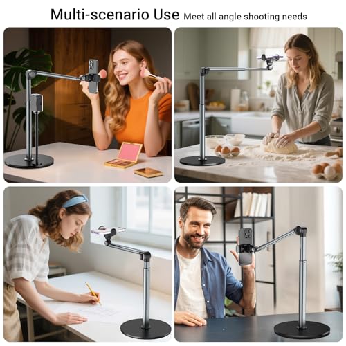 Overhead Phone Mount with Rechargeable Light for iPhone, Table Tripod for Content Creators, Portable Phone Camera Stand for Cooking, Video Recording, Filming, Nail Techs