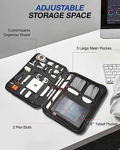 BAGSMART Water-Resistant Tech Organizer Bag for Electronics Accessories, Travel Storage Case Compatible with 12.9" Tablet, Charging Cable, Power Bank, Earphone, Grey