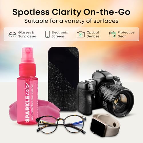 Sparkle Anti-Reflective Safe Lens Cleaner Spray Kit - (2) 1oz Glasses Cleaner Bottle & (2) Microfiber Cloth for Eyeglasses, Sunglasses, Lenses, Screens and Camera Cleaning Kit (4 Piece Set) - style: Pink | 2x1oz Lens Spray + 2 Microfiber Cloths