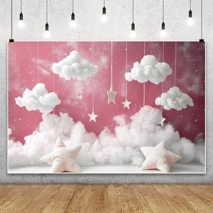 YongFoto Cute Sky Clouds Star Pink Backdrop 10x6.5ft Kids Photography Background Boy Girl Birthday Baby Shower Cradle Ceremony Party Banner Child Portrait Photoshoot Wallpaper Photo Studio Booth Props - color: Pink, size: 10ftx6.5ft