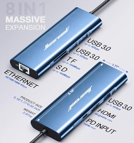 Hiearcool USB C Hub, 8in1 USB-C to 4K 60Hz HDMI Docking Station, USBC Ethernet Multi-Port Adapter 100W PD Dock Compatible for MacBook Pro Air M1 Dell HP Lenovo and Other C Devices-Midnight Blue - color: Midnight Blue
