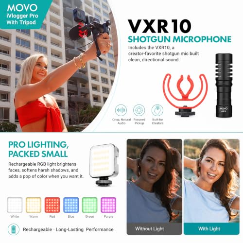 Movo iVlogger-PRO Vlogging Kit for iPhone with Mic, Light, and Tripod | Professional YouTube Starter Kit for iPhone and Android with VXR10 Mic, Rechargeable RGB Light, Two Tripods, Case, and More