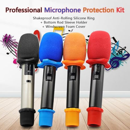 4 Set Black Wireless Handheld Microphone Protection Kit - Shakeproof Anti-Rolling Silicone Ring, Bottom Rod Sleeve Holder, Windscreen Foam Cover for KTV Mic Device - color: Black