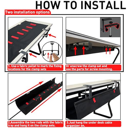 Under Desk Cable Management Tray – No Drill, 36" L x 6" W, Non-Scratch Silicone Clamps, 16 Cable Slots, Washable Honeycomb Base,Black - color: Black, size: Upgraded with Enhanced Features-36"L x 6.0"W