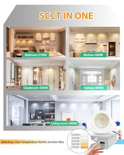 zouzai 3 Inch Gimbal LED Recessed Lights, White, 12 Pack, with Junction Box, 360°+ 90° Adjustable, 5CCT 2700K-5000K, Dimmable, Canless Eyeball Downlight, CRI90+, 800LM 7W 120V, ETL - color: White-3 inch, size: 12 Pack