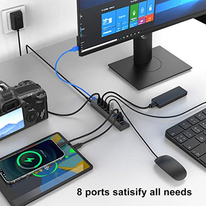 RAOYI Powered USB 3.0 Hub, 8 Ports High Speed USB 3.0 Hub Splitter with 36W Power Adapter, 3.3ft Cable and Smart Fast Charger USB Hub for Laptop, PC, Mobile HDD, Mulitple Devices (Gray) - size: Gray, style: 8-Port 36W Trapezoid
