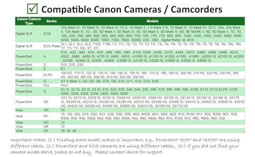 Camera IFC-400PCU IFC-200U IFC-500U USB Data/File Transfer Cable Cord Wire for Canon PowerShot ELPH 360 HS, Rebel EOS T1i T2i T3 T3i T4i T5 T5i T6 T6i T6s T7i & Vixia Camcorders - See Details Below