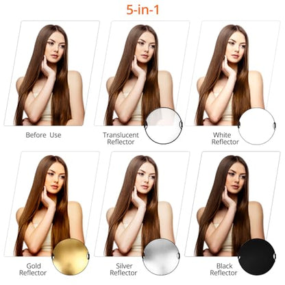QWORK 32" (80cm) 5-in-1 Collapsible Light Reflector & Diffuser - Translucent, Silver, Gold, White, Black, Multi Disc Photography Reflector for Studio Outdoor Photography