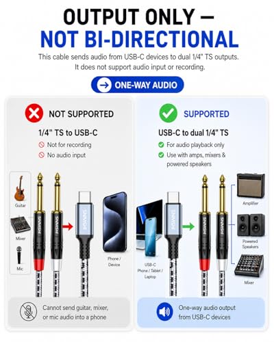 USB C to 1/4 inch Audio Cable 6.6FT - USB-C to Dual 6.35mm TS Mono Y-Splitter for DJ Mixer, Podcasting Music Production Connect Phone/Laptop to Amp, Mixer Speakers(Output ONLY · NOT for Recording)