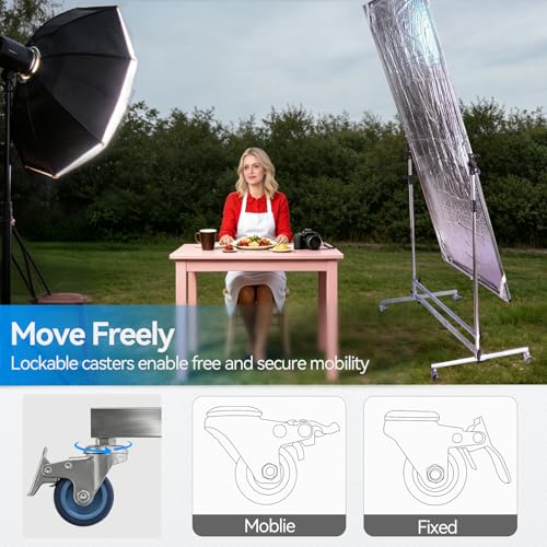 WELLMAKING 79x59 inch Professional Photography Light Diffuser Screen - 360° Rotatable Frame, Quick Setup, Adjustable Stand with Casters for Studio Portrait Video Shooting, White, Silver, Black