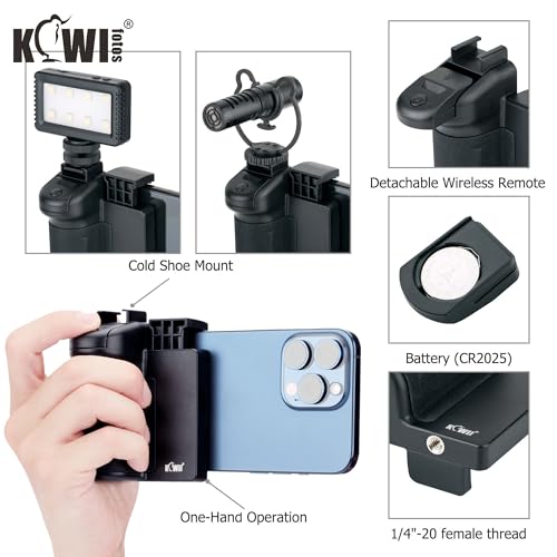 KIWIFOTOS Phone Camera Grip with Remote Shutter Cold Shoe Mount | Fits 2.3-3.3" phones inch. for iPhone 17 16 15 Pro S26 S25, vlog & selfie. Cold shoe for mic/light. 1/4" tripod thread. - color: Phone Camera Grip