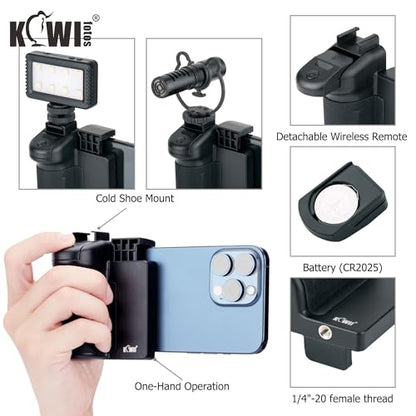 KIWIFOTOS Phone Camera Grip with Remote Shutter Cold Shoe Mount | Fits 2.3-3.3" phones inch. for iPhone 17 16 15 Pro S26 S25, vlog & selfie. Cold shoe for mic/light. 1/4" tripod thread. - color: Phone Camera Grip
