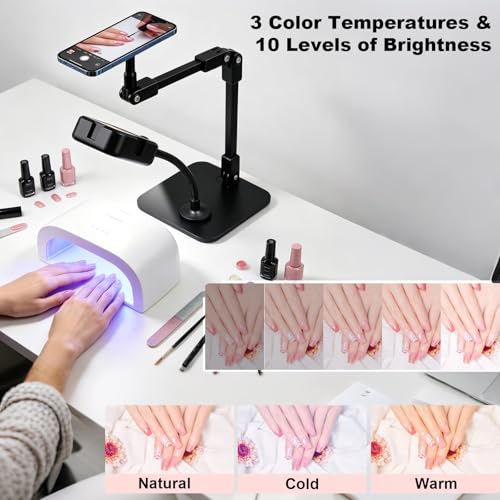 Overhead Phone Stand with Rechargeable Light, Adjustable Desk Smartphone Mount for Nail Art, Magnetic Holder for Cooking Videos, Content Creation, Filming, Live Streaming