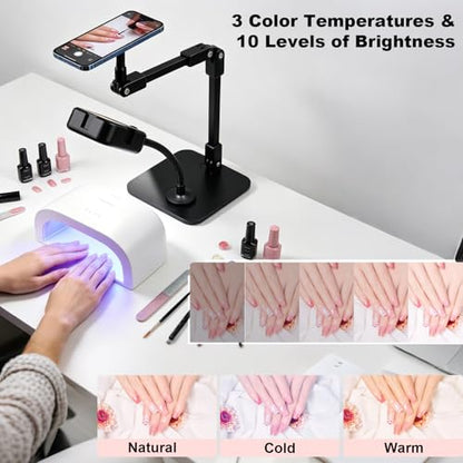Overhead Phone Stand with Rechargeable Light, Adjustable Desk Smartphone Mount for Nail Art, Magnetic Holder for Cooking Videos, Content Creation, Filming, Live Streaming