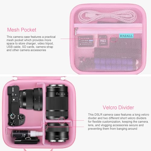 RAIALL Camera Case for Sony Alpha a6000/a6400/a6700/ Sony Alpha 7 II III IV/7R V/ZV-E10 Mirrorless Digital Camera and Lens, Vlogging Camera Hard Travel Bag with a Shoulder Strap and 3 Dividers, Pink - color: Pink
