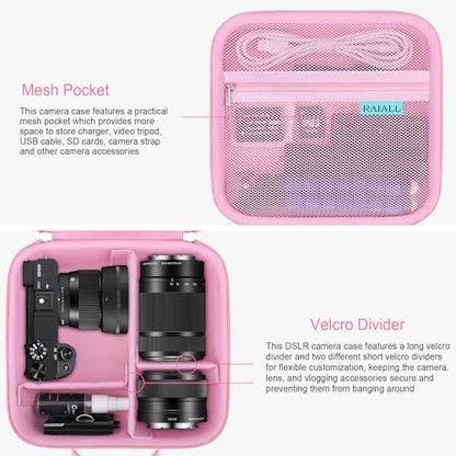 RAIALL Camera Case for Sony Alpha a6000/a6400/a6700/ Sony Alpha 7 II III IV/7R V/ZV-E10 Mirrorless Digital Camera and Lens, Vlogging Camera Hard Travel Bag with a Shoulder Strap and 3 Dividers, Pink - color: Pink