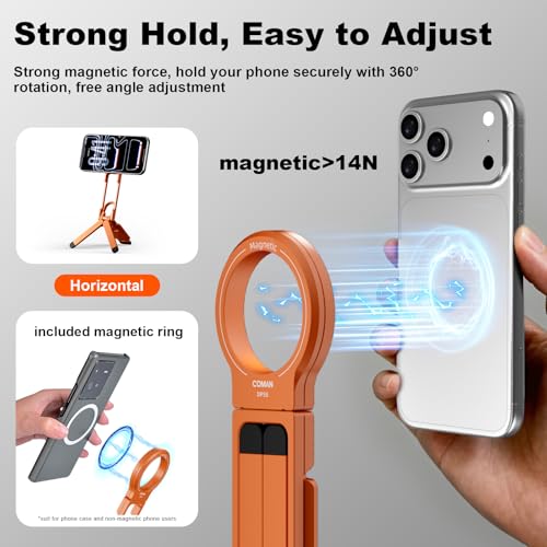 COMAN DP58 Magnetic Phone Tripod, Aluminum MagSafe Tripod Stand with Carabiner, Mini Portable Travel Pocket Stand for iPhone & Non-Magnetic Phones with Included Ring - color: Orange