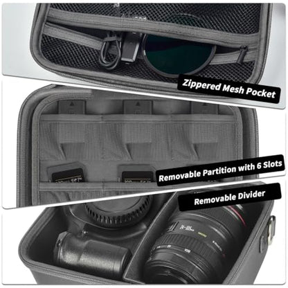 Comecase Hard Camera Case for Canon R50/R100/T7, for Sony A6400/ZV-E10 | Small Camera Bag with Hard EVA Shell, Adjustable Dividers, 6 Battery/SD Organizer Slots and Shoulder Strap, Case only, Grey - color: Grey