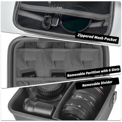 Comecase Hard Camera Case for Canon R50/R100/T7, for Sony A6400/ZV-E10 | Small Camera Bag with Hard EVA Shell, Adjustable Dividers, 6 Battery/SD Organizer Slots and Shoulder Strap, Case only, Grey - color: Grey