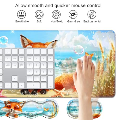 4 in 1 Ergonomic Keyboard Wrist Rest & Mouse Pad Wrist Rest Set, Large XXL Gaming Desk Mat 31.5"x 11.8" with Non-Slip Base, Memory Foam for Home Office Study Gaming, Fox - color: Fox