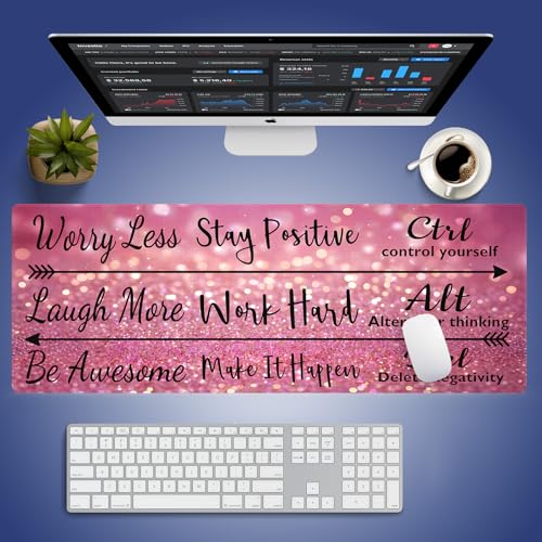 Stay Positive Work Hard with Arrows Large Mouse Pad, Pink Glitter Desk Mat | Inspirational Quote Black Red Design, Motivational, 31.5" x 11.8", XXL Gaming Stitched Keyboard Mat, Smooth, Anti-Slip - color: Inspirational Pink Glitter