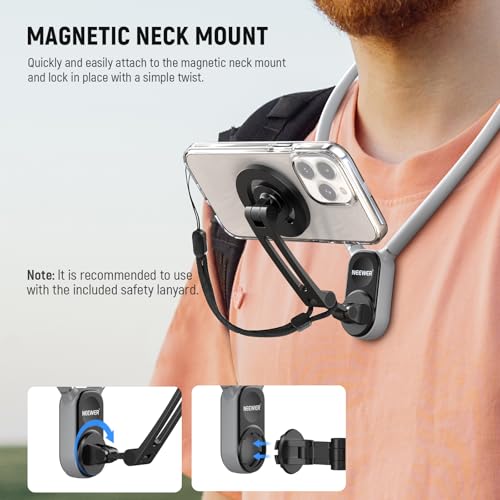 NEEWER Magnetic Neck Holder for Action Camera Phone Hands Free Neck Tripod Chest Mount Compatible with GoPro DJI Insta360 iPhone Android Phone Holder for POV Vlog, Gray, GP16 - style: GP-16(Gray)