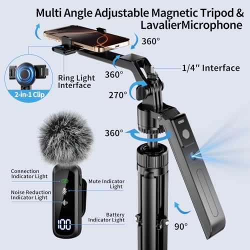 yAyusi Magnetic Vlogging Kit for iPhone/Android, 71" Auto Face Tracking Tripod for iPhone with Light, Magnetic Microphone/Remote Control, Content Creator Essentials Starter Kit for TikTok and YouTube