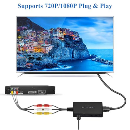 RCA to HDMI Converter,AV to HDMI Adapter,RCA to HDMI Composite Audio Video Converter Compatible with PS1, PS2, PS3, STB, Xbox, VHS, VCR,Black-Ray DVD Players