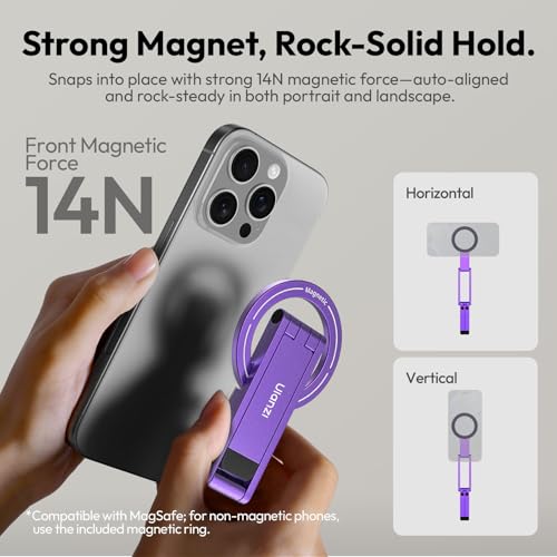 ULANZI MA60 Magnetic Phone Tripod Stand for iPhone - Aluminium Smartphone Mini Tripod Pocket Cell Phone Stand Strong Magnet Quick Mount Compatible with iPhone 16 15 14 13 14 Series, Purple - color: Purple