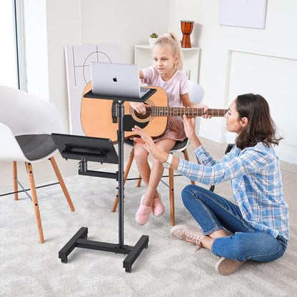 Facilife 2 Shelves Projector Stand Tripod, Height Adjustable Max 64", Mobile Laptop Cart on Wheels Projector Tripod Stand, Overbed Table with Wheels, Rolling Laptop Floor Stand for Couch