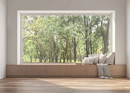 BELECO 8x6ft Fabric Living Room Window Backdrop Modern Interior Window View Green Forest Trees Scenery Photography Background Wallpaper Home Decor Zoom Meeting Video Conference YouTube Photo Props - size: 8x6FT
