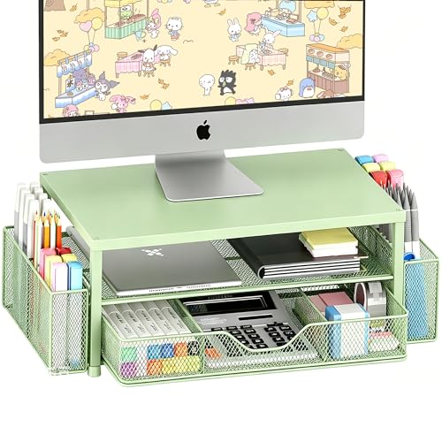 OPNICE Desk Organizers and Accessories, 2-Tier Computer Monitor Stand Riser with Drawer and 2 Pen Holders, Laptop Stand, Office Desk Accessories for Office Supplies, Green - color: Green 1-Pack, size: With Drawer and 2 Pen Holders