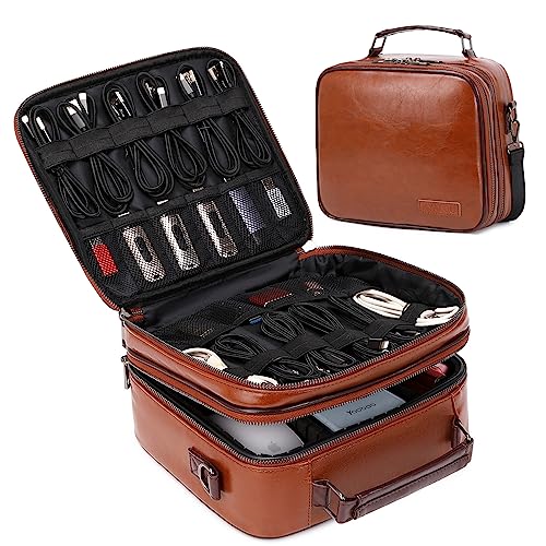 KYALOU Electronics Travel Organizer, Large Electronic Accessories Cable Case with Adjustable Dividers, Waterproof Tech Storage Bag Gifts with Double Layers for Cord, Charger, Power Bank - Brown - color: Brown