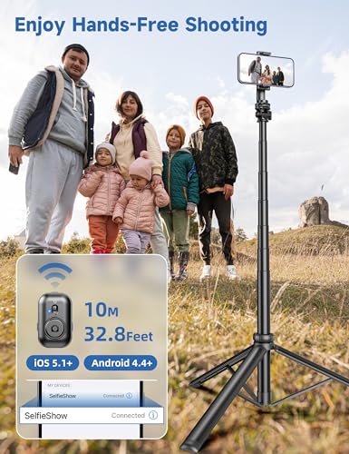 75" Phone Tripod, Selfie Stick with Remote and Phone Holder, Extendable Tripod for iPhone, Aluminum Cellphone TripodStand 360° Rotation Travel Tripods Compatible with iPhone Android, GoPro