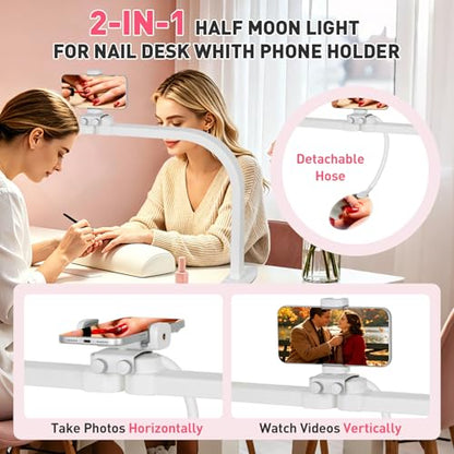 HITTI Half Moon Light for Nail Desk with 5X Magnifier, 30" Foldable LED Arch Tech Lamp with Phone Holder for Manicure, Handicraft, Art, Eyelash Extension - 3 Color Modes & 10 Brightness, Home & Salon - color: White