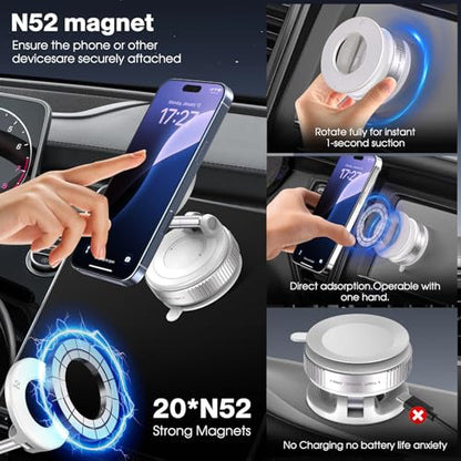 Jikasho Vacuum Magnetic Car Phone Holder for Magsafe, Hands-Free 360° Adjustable Suction Cup Phone Mount for Car/Gym/Mirror/Smooth Surface, Compatible with iPhone & Android (White) - color: White