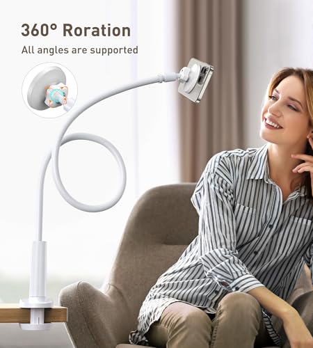 Magnetic Gooseneck Phone Holder Mount for iPhone 17/16/15/14/13/12 - Magnetic Stand Tabletop Clamp 360°Rotation Adjustable for Office/Home Compatible with iPhone 17 16 15 14 13 12 Mini Plus Pro Max - style: Mount + White