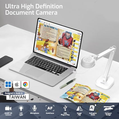 INSWAN INS-1 Classic USB Document Camera/Webcam, 8MP, Built-in LED, Mic | Auto Focus, Plug & Play, Compatible with Windows / Mac / Chromebook for Distance Learning, Live Demo, Online Teaching, White