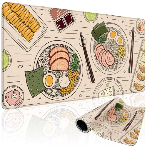 Japanese Ramen Large Gaming Mouse Pad 31.5"x15.7"｜Illustrated Food Pattern XXL Desk Mat, Non-Slip Rubber Base & Stitched Edges - Extended Waterproof Mousepad for PC/Laptop/Office/Home Decor - color: Illustrated Food Pattern