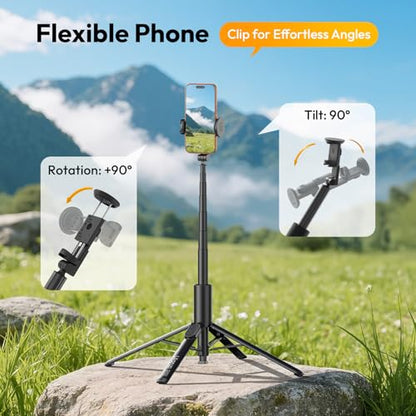 Ulanzi MT-86 Phone Tripod Portable Bluetooth Selfie Stick for iPhone 17 16 | 60 Inch Auto-Open 4 Legs Tripod, Wireless Remote Lightweight Extendable Travel Selfie Stick, w Cold Shoe Mount Phone Clip - color: Black