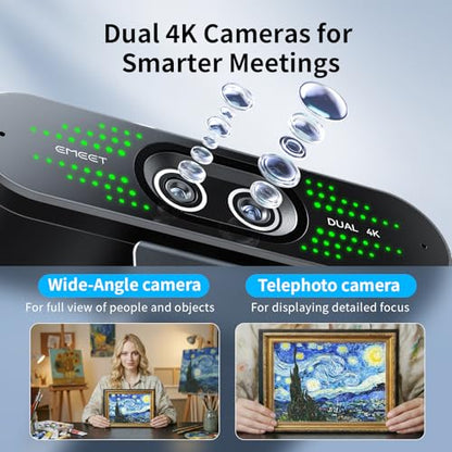 EMEET NOVA 4K Dual-Camera 4K Webcam for PC, Wide-Angle and Telephoto Cameras, Max 11X Hybrid Zoom, PDAF Focus, Remote Control, RGB Lights, Webcam with Microphone for Business or Personal Online Calls - style: 4K Dual-Camera Remote