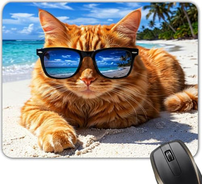 Cat Lovers Gifts Sunshine Beach Cat Cute Mouse Mat, Waterproof Non Slip Rubber Base Mouse Pad for Office Laptop, 9.5x7.9x0.12 Inch - color: Cat With Glass