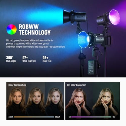 NEEWER MS60C RGBWW LED Video Light with 2.4G/APP Control, 65W Metal Mini RGB COB Continuous Output Lighting Bowens Mount Handheld Spotlight 2700K-6500K,8300lux/1m, CRI 97+/TLCI 98+,17 Effects + RGBCW