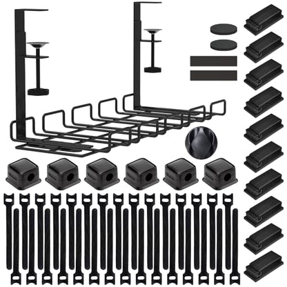 Under Desk Cable Management Tray, No Drill Steel Cord Organizer Kit with 52Pcs Different Essential Accessories for Home Office Standing Desk (15.7/13.4inch, Black) - size: 51-Piece