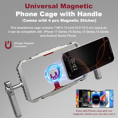 Magnetic Phone Cage with Handle,Smartphone Cage Kit with 360° Rotation Handgrip and Magnetic Sticker for Photography,Compatible with iPhone 17/16/15/14/13 Series and Andriod Phones (Silver+Red) - color: silver