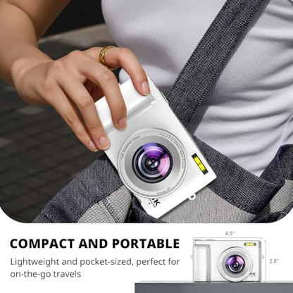 4K Digital Camera for Photography Autofocus, FHD 48MP Vlogging Camera for YouTube with SD Card, 2 Batteries, 16X Zoom,3" 180°Flip Screen Compact Travel Camera for Teens Beginners - color: Off White