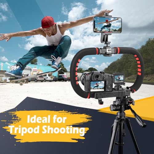 Zeadio Handheld Video Stabilizer Rig, Portable Camera Stabilizer Handle Grip with Cold Shoe Mounts, Phone Holder, Action Camera Adapter for Smartphone, DSLR Camera, Action Camera, Camcorder etc