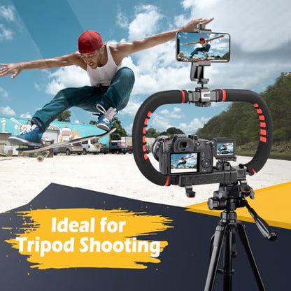 Zeadio Handheld Video Stabilizer Rig, Portable Camera Stabilizer Handle Grip with Cold Shoe Mounts, Phone Holder, Action Camera Adapter for Smartphone, DSLR Camera, Action Camera, Camcorder etc